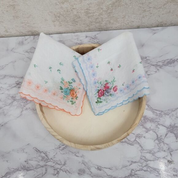 Vintage Hankerchief Hankie Hanky Lot of 2 White Peach Floral  White Blue Floral - Picture 2 of 9